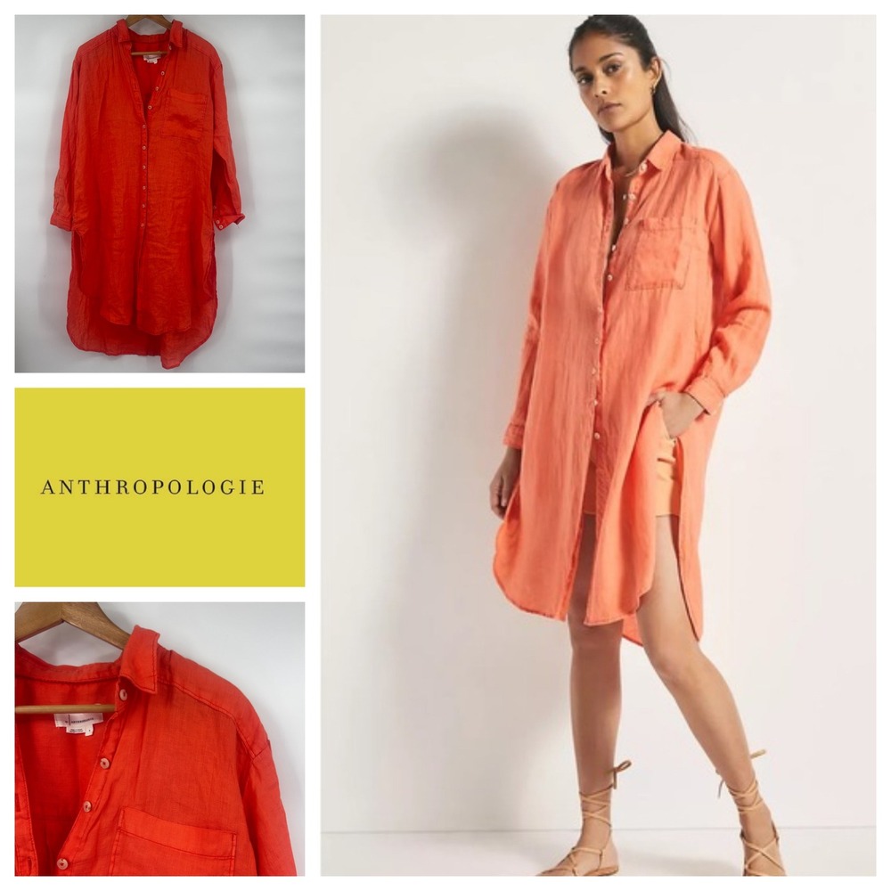 Anthropologie‎ Linen Shirt Dress Coral Orange Button Down Tunic Size S